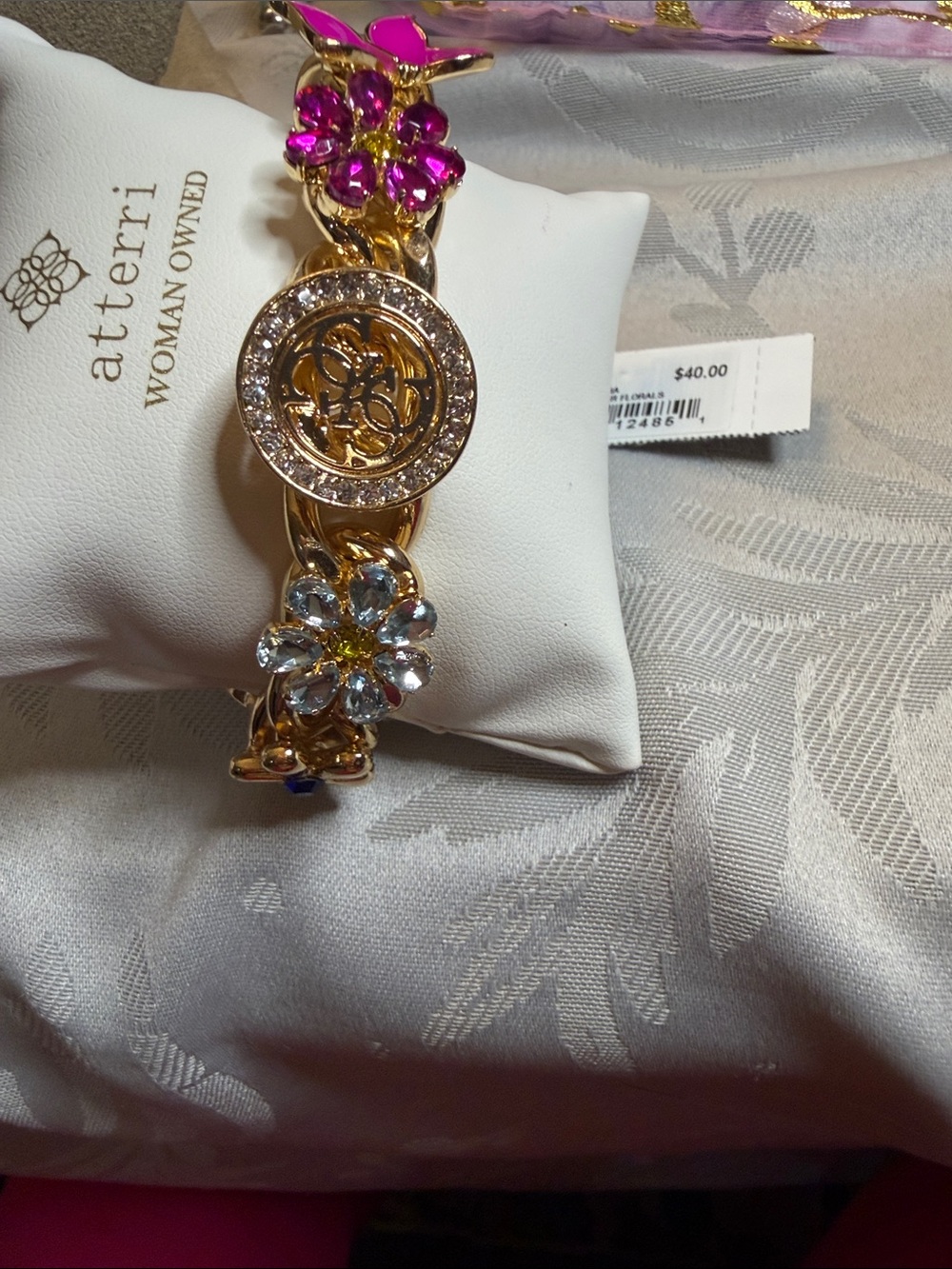 Gold-tone Floral Charm Bracelet with Pink & Clear Crystals